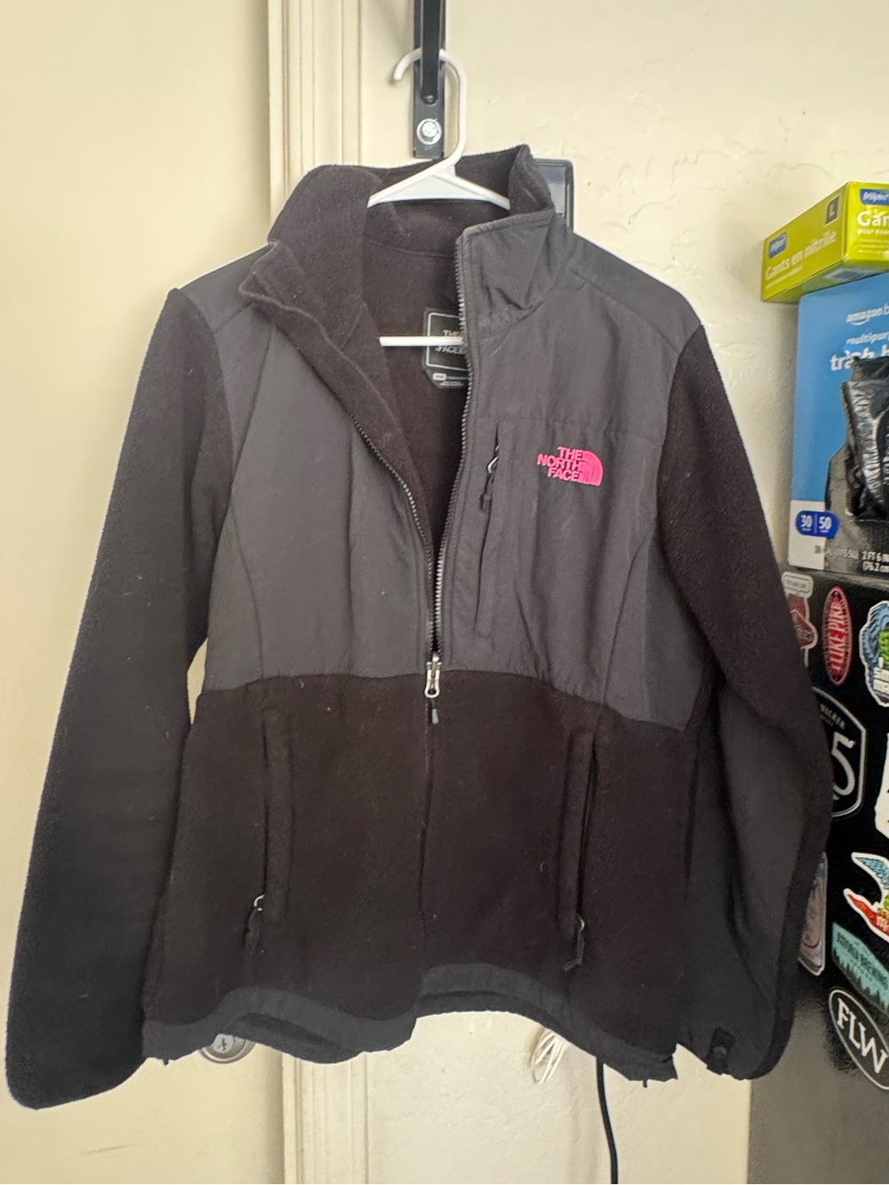 The North Face Womens Two-Tone Black & Charcoal Fleece Jacket with Pink Logo
